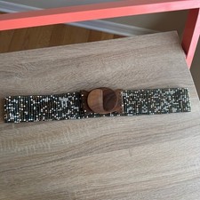 Vintage Beaded Wide Statement Belt Earth Tones Carved Wood Interlocking Buckle