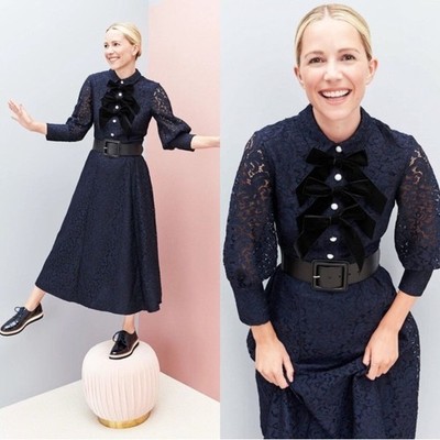 Halogen x Atlantic-Pacific NEW Bow Detail Lace Midi Dress Navy Romantic size 4P
