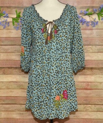 Blue Leopard & Floral Embroidered Tunic Dress Size L Rayon Boho Chic Western