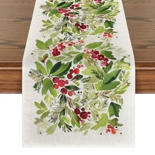 Watercolor Holly Christmas Table Runner, Table Runner, 13" x 72" Green