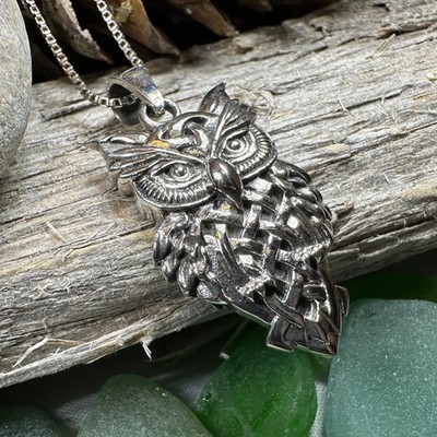 Owl Necklace Celtic Irish Scottish Wiccan Bird Ladies Girls Pendant 925 W/CHAIN