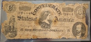 1864 Feb 7th $100 Confederate States of America Note T-65 Richmond SN24446