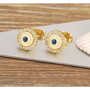 Authentic Evil Eye Stud Earrings 14k Gold plated 925 Silver Cubic Zirconia Halo Round