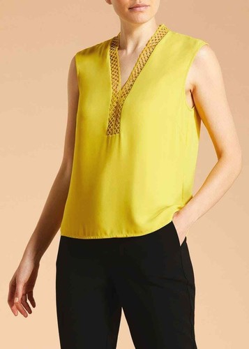 2020 NEW FWM Size 14 Luxury Lace Trim Yellow Shift Summer TOP Blouse Matalan  | eBay