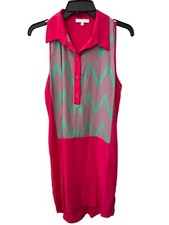 Glam Chevron Polka Dot Mini Shirt Dress Size Medium High Low Pink Green Artsy