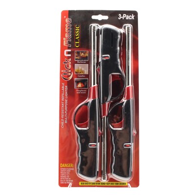 Click N Flame Classic Refillable Long Lighters 3 Pack Grill