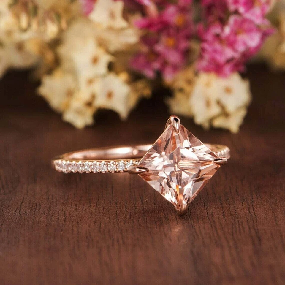 3 Ct Princess Cut Simulated Peach Morganite Wedding Ring In 14k Rose Gold Plated - Image 4 of 4