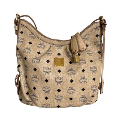 MCM Leather Visetos Logo Monogram Hobo Shoulder Crossbody Bag Purse Beige Tan