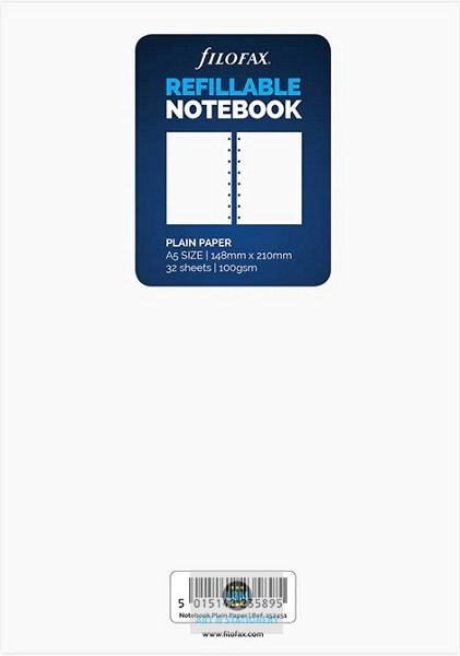 Filofax Refillable NOTEBOOK Refill - A5 size - Plain Paper 152451