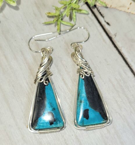 Natural Blue Opalized/Petrified Wood Sterling Silver Wire Wrapped Earrings GE36 - Picture 2 of 4