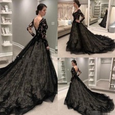 V Neck Long Sleeves Black Lace Appliques Backless Gothic Wedding Dress Customed