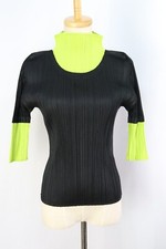 PLEATS PLEASE Black/Yellow Green High Neck Three Quarter Sleeve Top 114 9328