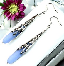 Long Sea Glass Teardrop Earrings In Bermuda Blue with Sterling Silver Ear Wires