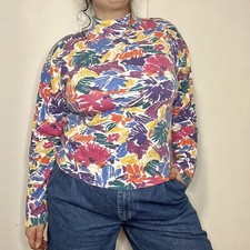 Vintage 90s Colorful Abstract Cotton Blend Knit Turtleneck Long Sleeve Top
