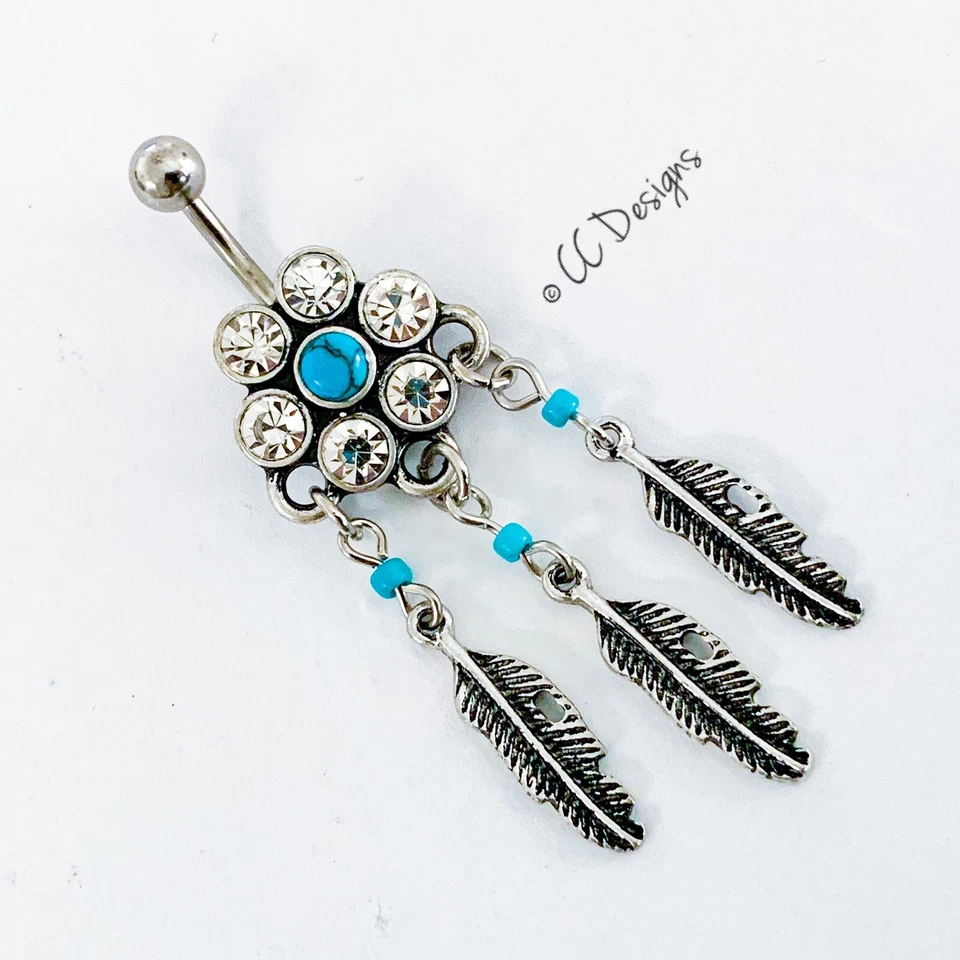 Anel de barriga de penas penduradas tribal turquesa 14g branco cz (B401) - Imagem 2 de 3