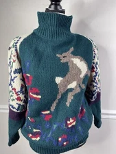 Vintage The Eagles Eye Hand Knit M Deer Wool holiday ski Sweater 1980s
