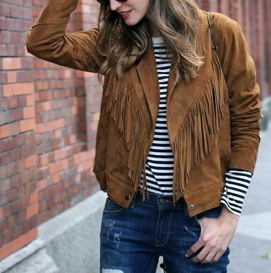 Veste manteau femmes Western Wear cuir daim marron frange amerindienne femmes ve