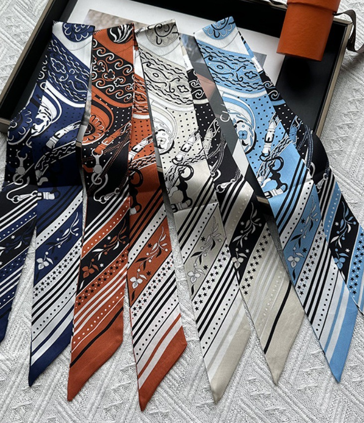 Pure 12 Momme Twill Silk Scarf celebration Print Slim Head Band Neck Tie 85X5cm