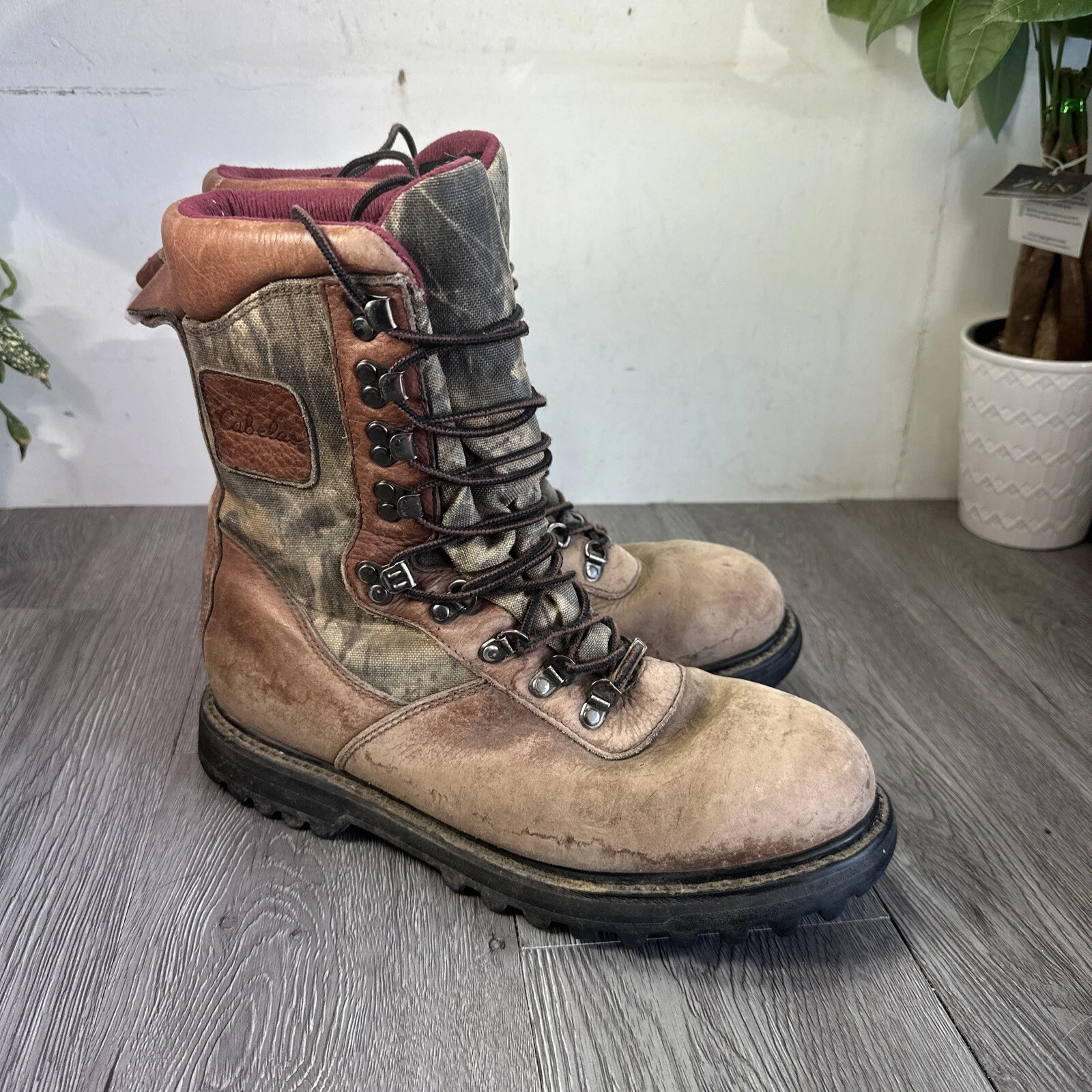 Mens Cabelas Woodland Camo Leather Hunting Hiking Thinsulate Ultra Boots 10.5 D