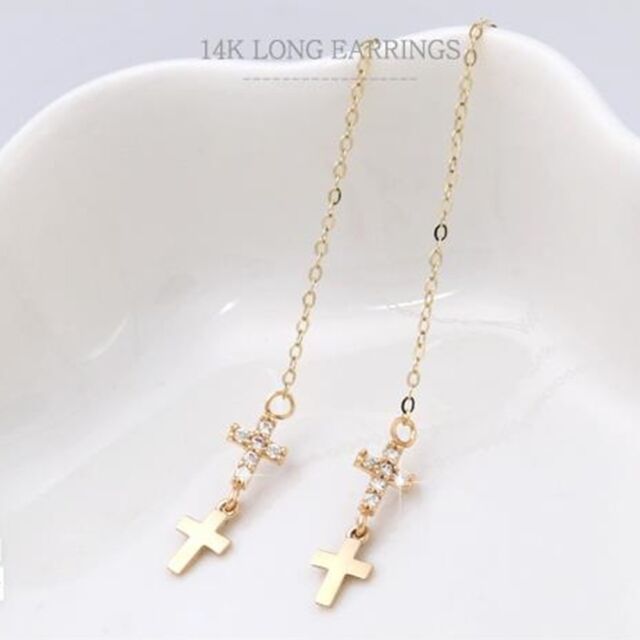14K Solid Yellow Gold Double Cross Long Threader Dangle a Pair of Earrings TPD