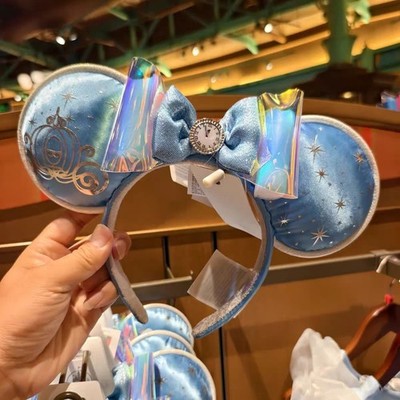 Disney` Cinderella Princess Mickey Ears Headband Blue Satin Bow Clock Parks Gift