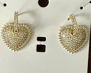 Authentic Gold plated cz Pavé Clear Rhinestone Heart Dangle Drop hoop Earrings
