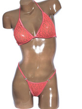 New exotic dancer semi sheer lace thong bikini 2 piece set A/B cup Red