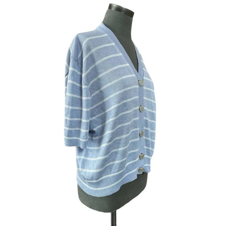 Suéter de mujer de colección SAN REMO por Laura tejido azul blanco botón delantero cárdigan Foto 4 de 4