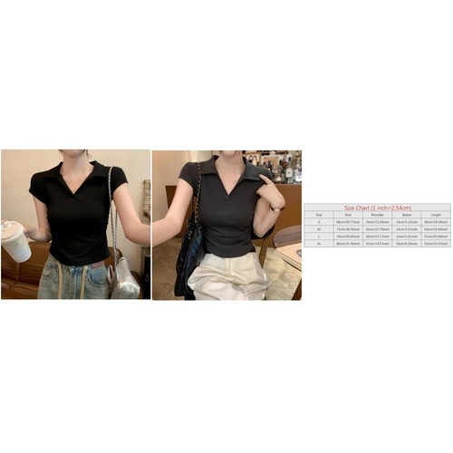 Women's Fashionable Solid Color Short Sleeve Top with Lapel and Waist Cinching - Picture 10 of 16