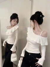 Ruffle Elegant Off Shoulder Long Sleeve Tops Women Slim Fitting T shirt One shou
