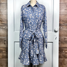Chaps Shirtwaist Dress Blue & White Floral Ruffle Hem Long Sleeve Tie Waist Sz L