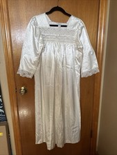 Vintage Christian Dior Long Sleeve White Satin Nightgown with Lace Trim Size M