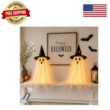 Set of 2 Spooky Ghost Decorations with Remote String Lights for Halloween