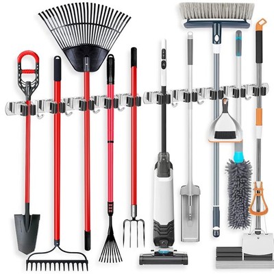 Wall Mount Broom Holder Stainless Steel 5 Racks 4 Hooks Mop Garage Organizer