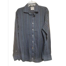 Thomas Dean Men’s XL Dress Shirt Blue Gray Stripe Long Sleeve Button Front