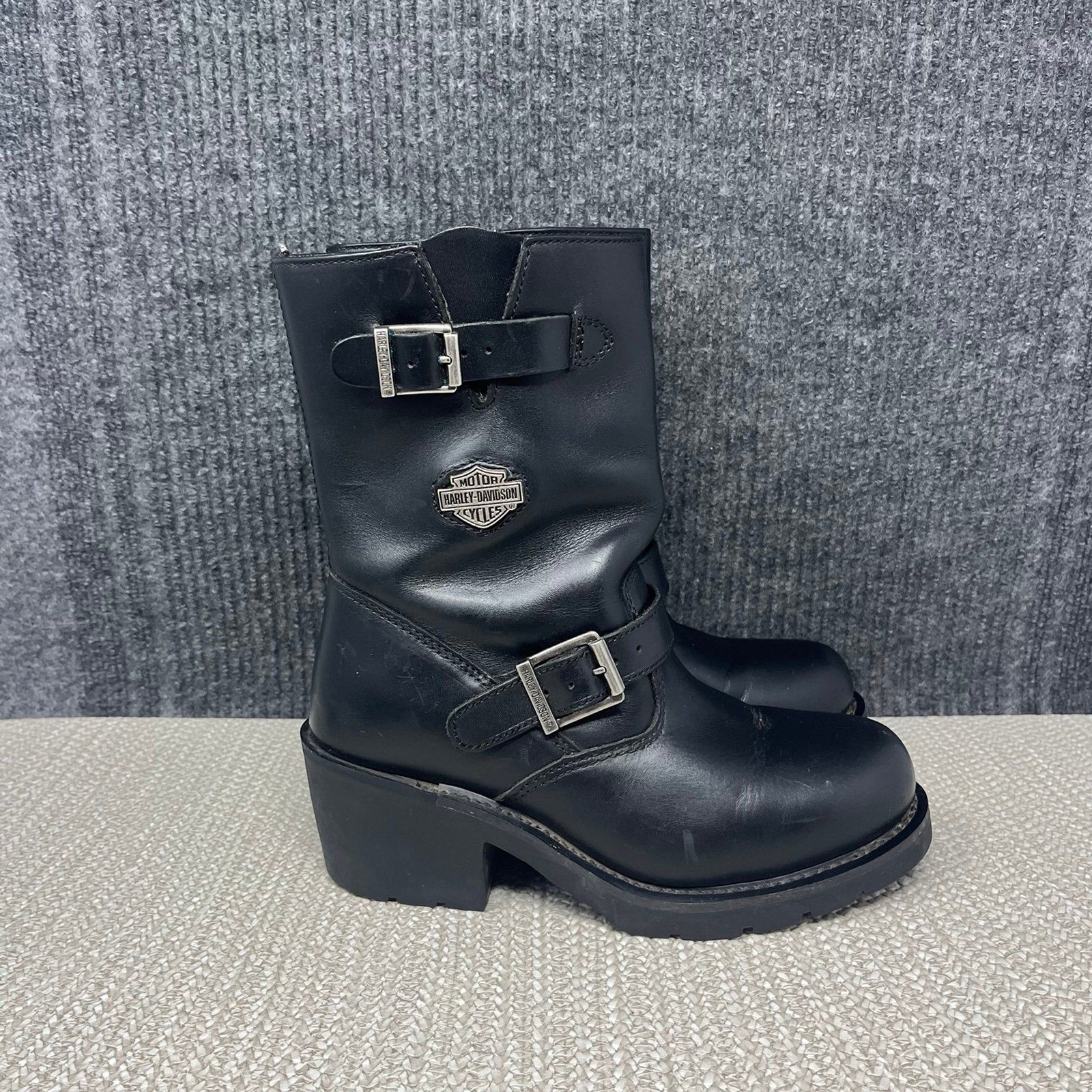 Harley Davidson Heeled Leather Motorcycle Riding Boots Black Side Zip Women’s 7