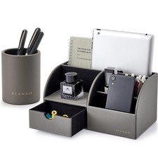 Office Desk Organizer Leather Desktop Organizer Caddy with Drawer for Storing...