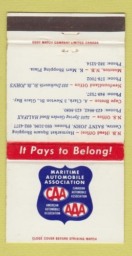 Matchbook Cover - Maritime Auto Association CAA AAA St John NB WEAR 30 ...
