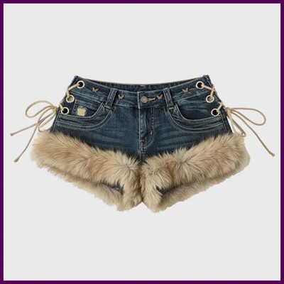 Winter New Women's Retro Design Fluffy Splicing Jeans Shorts Y2k Low-rise Strap