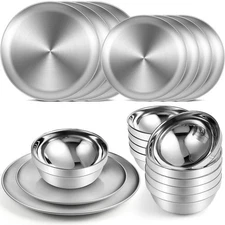Sunnyray 10 Sets Stainless Steel Plates and Bowls 6.7, 10.2 Inch Metal Campin...