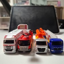 Tomica Lot of 4 Diecast Model Trucks - Fire, Ambulance, Concrete, Trailer