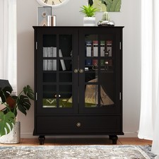 Buffet Cabinet with Double Glass Doors Drawer Wooden Storage Sideboard Cupboard
