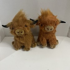 2 Highland Cow Plush 10" Brown Shaggy Stuffed Animal Longhorn Cattle Pair