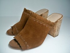 TORY BURCH Huntington Suede Fringe trimmed Brown Hi Heeled Mules Sz 8.5 M SUPERB