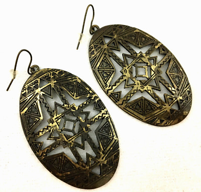 Earrings Rustic Brass Oval Open Cut Embossed Dangle BOHO Drop Pierced 2.25''