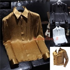 Men's High-End Satin Slim Dress Shirt Long Sleeve Glossy Nightclub Party Shirt