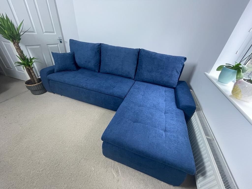 NEW NAVY BLUE CORNER SOFA BED LEFT or RIGHT SIDE MILTON FABRIC STORAGE