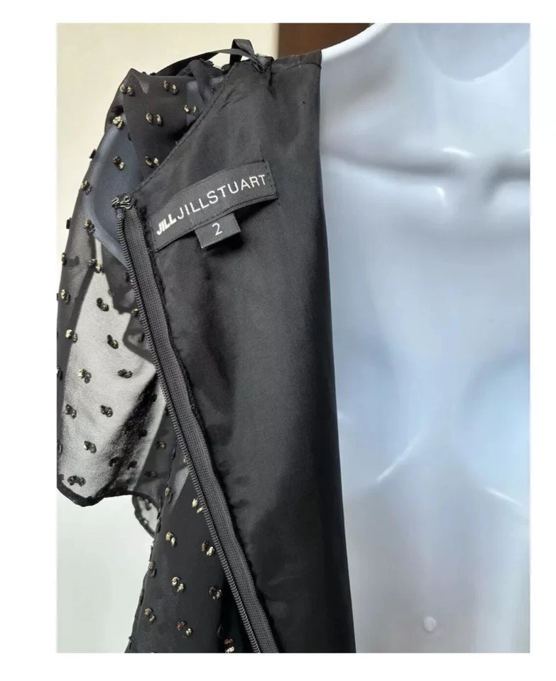 JILL Stuart 黑色金色金属纹理波尔卡圆点绒开衩长裙,尺寸 2 — 第 3/4 张图片