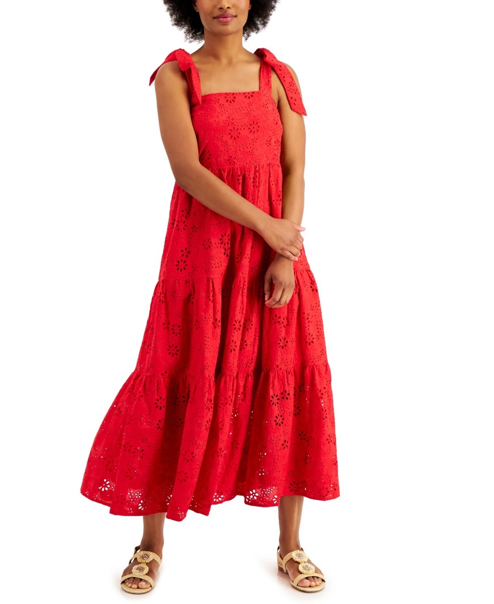 MSRP $130 Charter Club Petite Cotton Eyelet Midi Dress Red Size PP NWOT