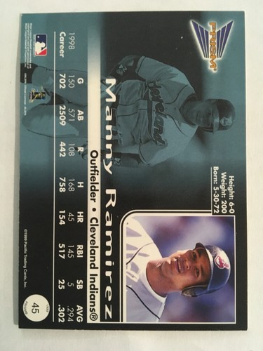 1999 Pacific Prism - Manny Ramirez #45 Holographic Gold 325/480 Indians - 第 2/2 張圖片